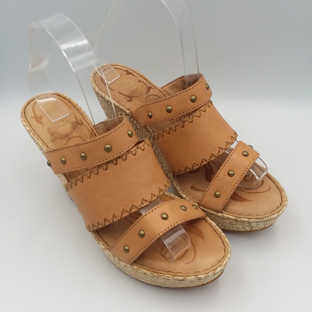 Born Borini Tan Leather Raffia Wedge Sandals Studded Straps Women's 9M Boho - Picture 5 of 16